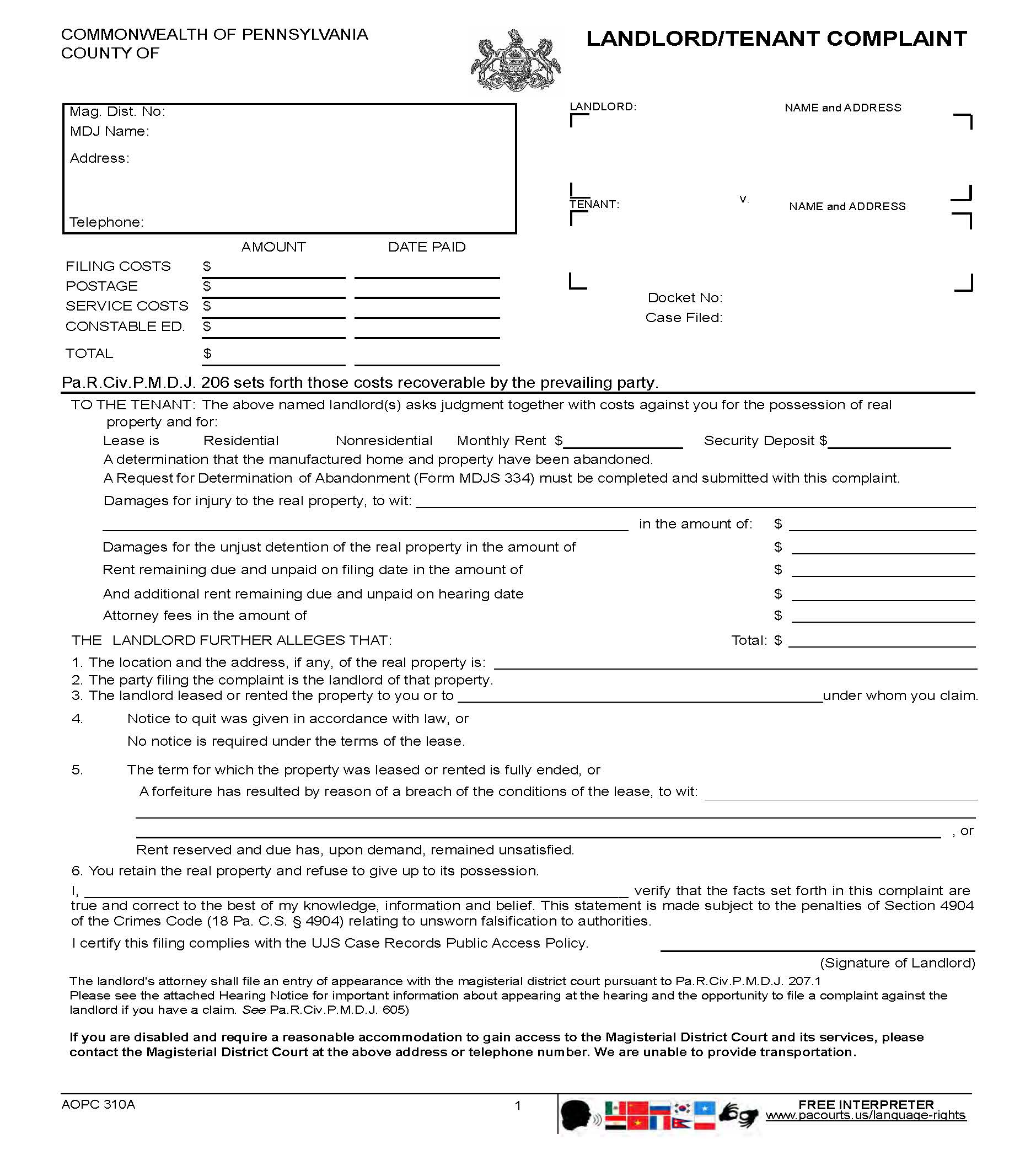 Landlord And Tenant Complaint {AOPC-310A} | Pdf Fpdf Docx | Pennsylvania
