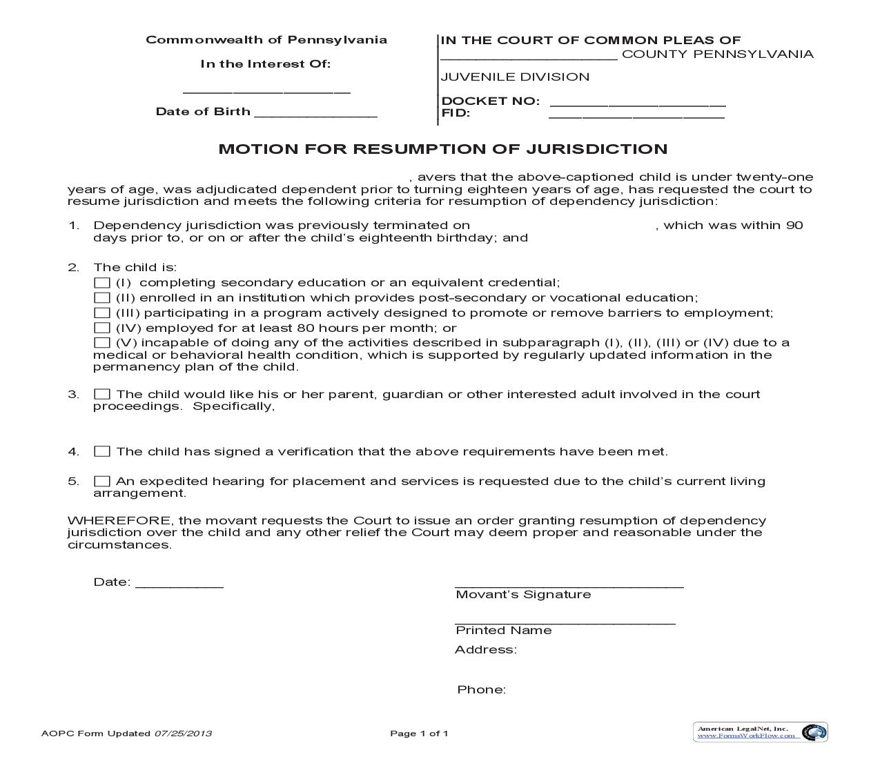 Motion For Resumption Of Jurisdiction | Pdf Fpdf Doc Docx | Pennsylvania