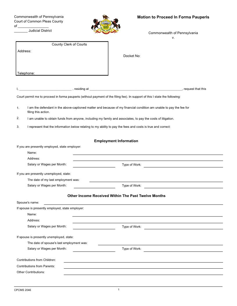 Motion To Proceed In Forma Pauperis (Court Of Common Pleas) | Pdf Fpdf Docx | Pennsylvania