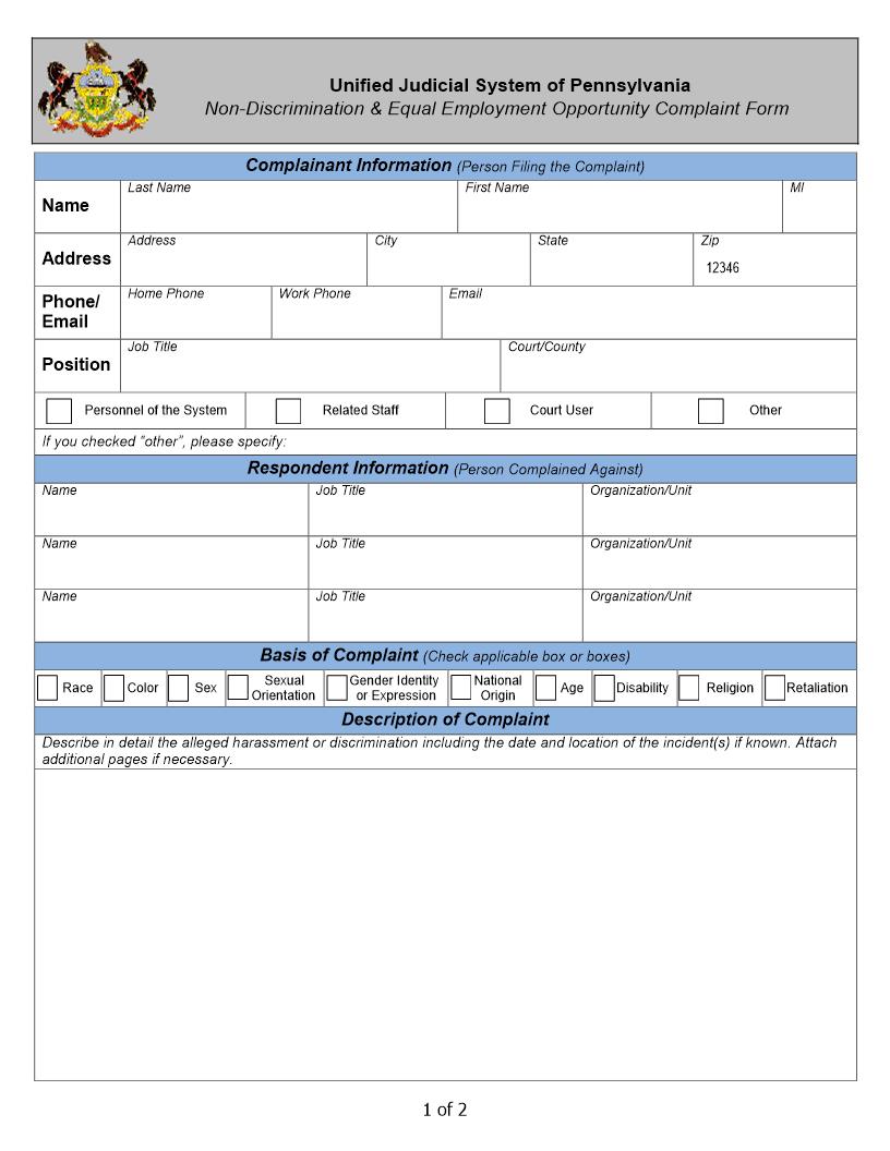 Non Discrimination And Equal Employment Opportunity Complaint | Pdf Fpdf Docx | Pennsylvania
