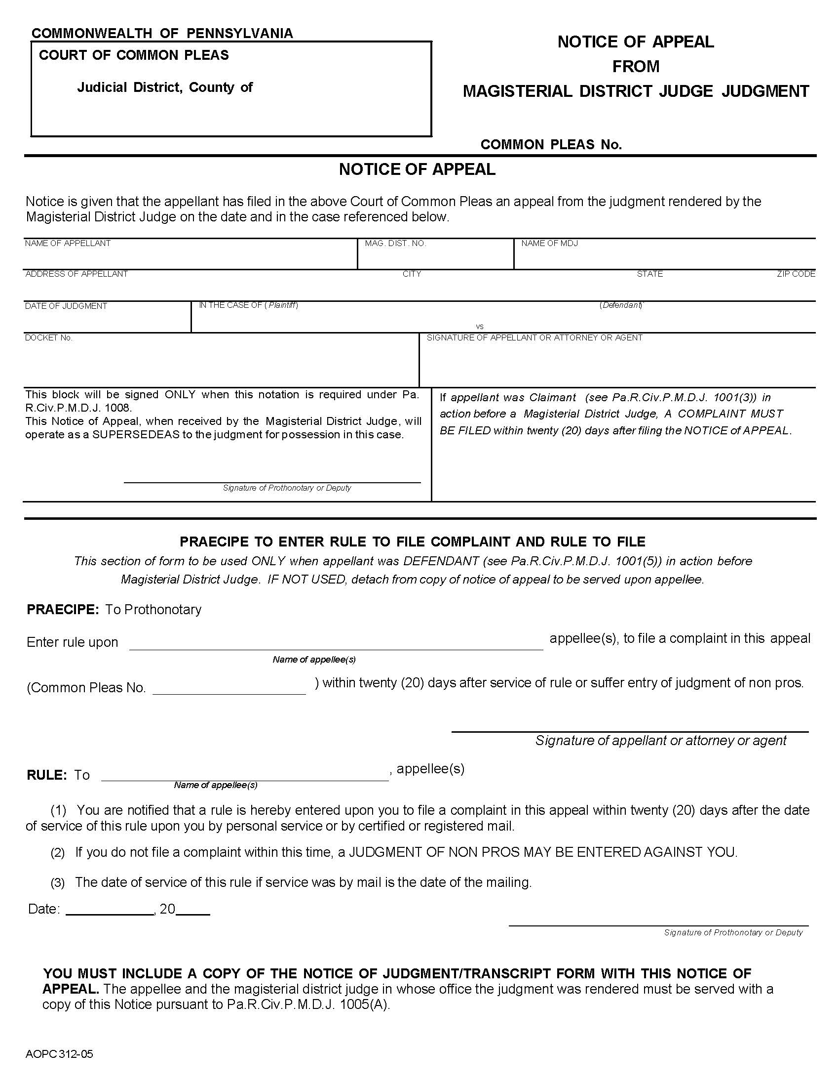Notice Of Appeal From Magisterial District Judge Judgment {AOPC 312-05} | Pdf Fpdf Doc Docx | Pennsylvania