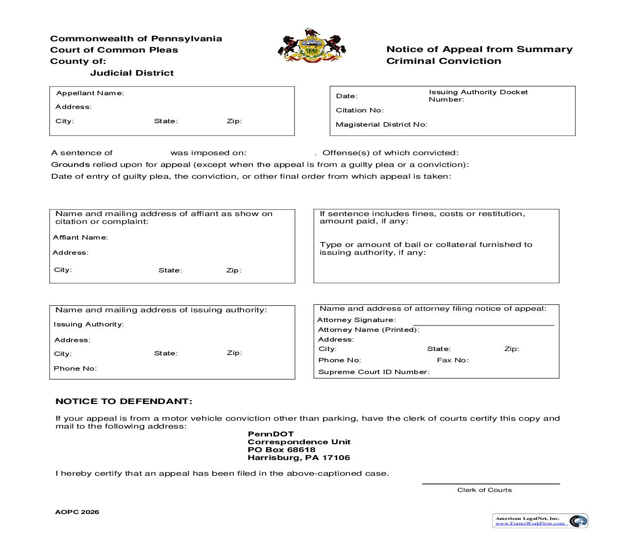 Notice Of Appeal From Summary Criminal Conviction {AOPC 2026} | Pdf Fpdf Doc Docx | Pennsylvania