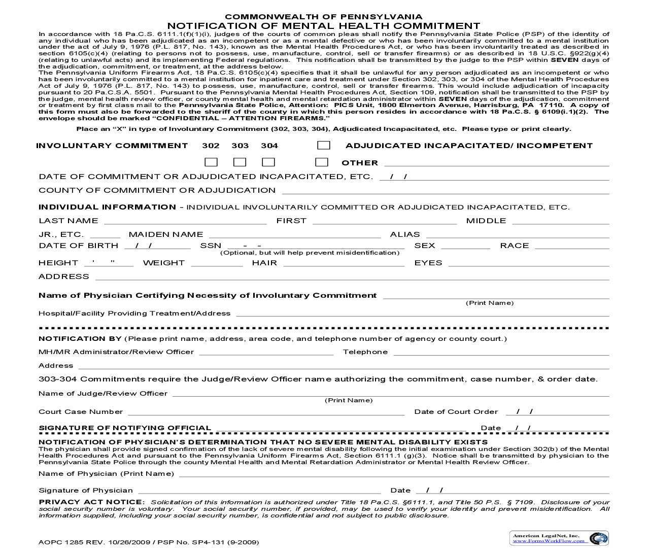 Notification Of Mental Health Commitment | Pdf Fpdf Doc Docx | Pennsylvania