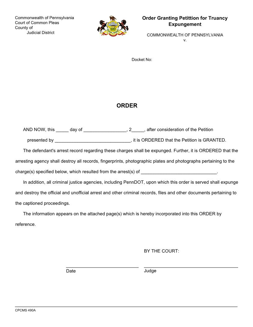 Order Granting Petition For Truancy Expungement (Court Of Common Pleas) | Pdf Fpdf Docx | Pennsylvania