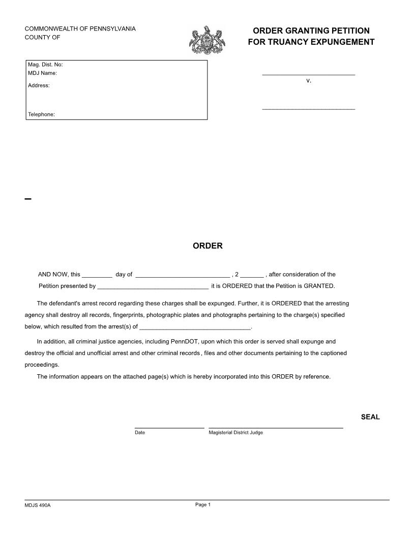 Order Granting Petition For Truancy Expungement (Magisterial District Court) | Pdf Fpdf Docx | Pennsylvania
