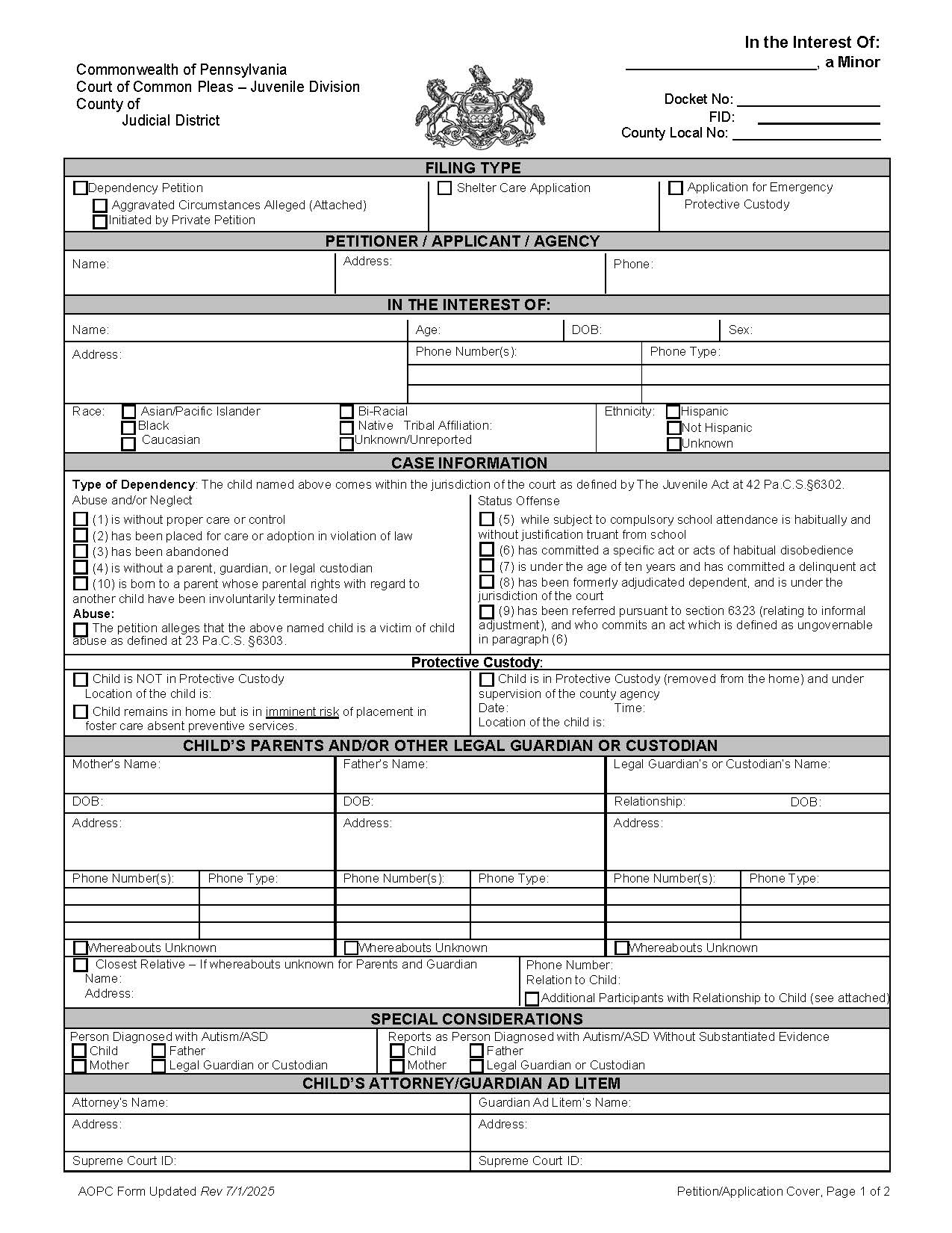 Petition Cover Page Dependency Sheleter Care Emergency Custody | Pdf Fpdf Doc Docx | Pennsylvania