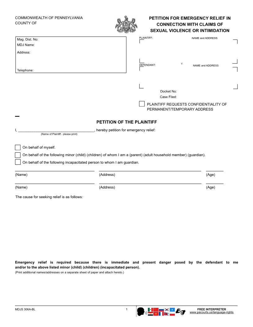 Petition For Emergency Relief From Sexual Violence Or Intimidation {AOPC 306A} | Pdf Fpdf Docx | Pennsylvania