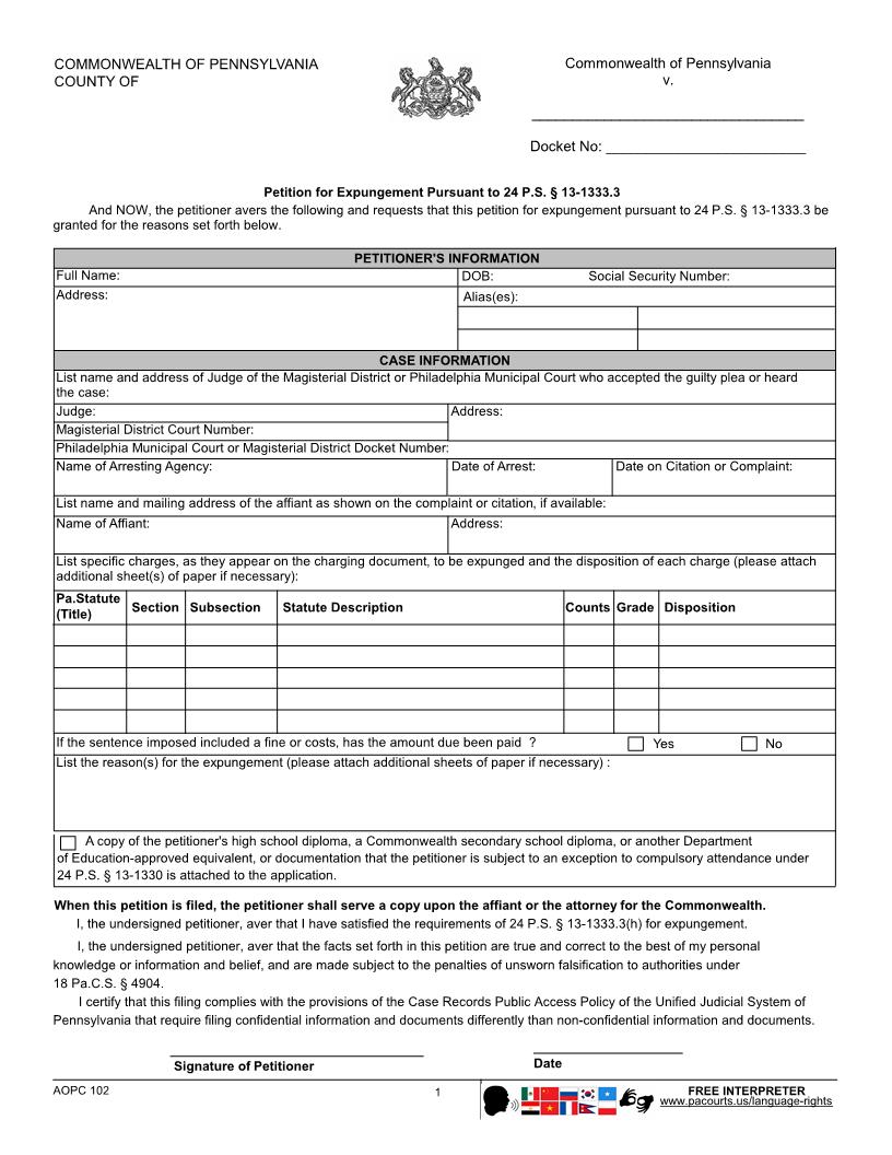 Petition For Expungement Pursuant To 24 PS 13-1333.3 (Magesterial District Court) | Pdf Fpdf Docx | Pennsylvania
