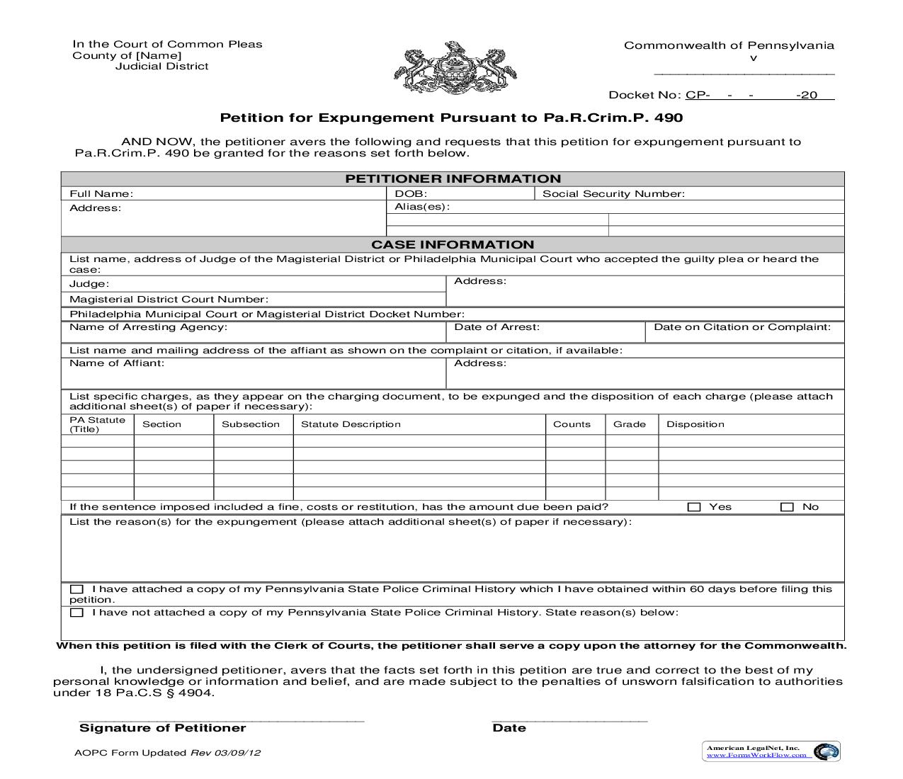 Petition For Expungement Pursuant To 490 | Pdf Fpdf Doc Docx | Pennsylvania