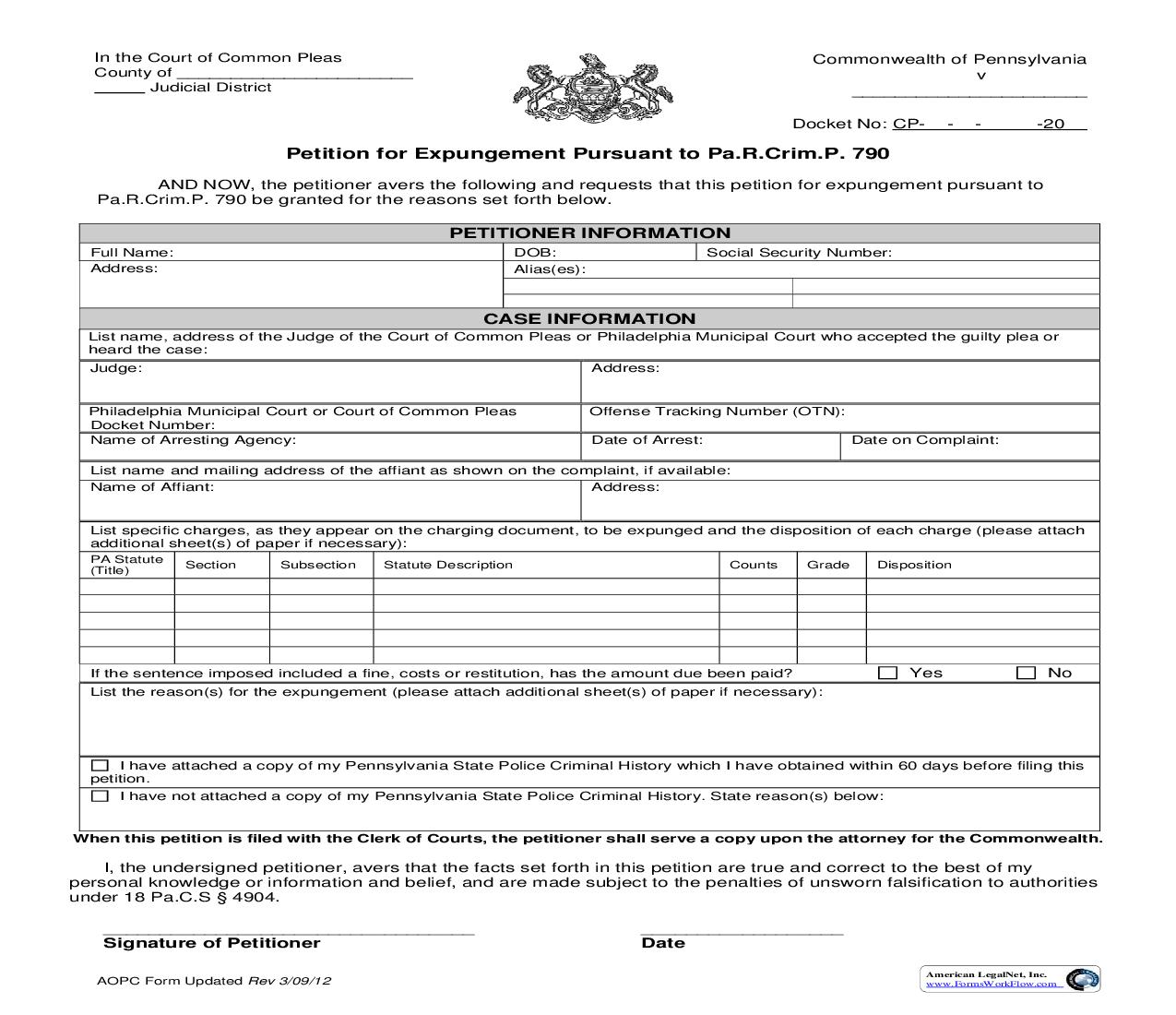 Petition For Expungement Pursuant To 790 | Pdf Fpdf Doc Docx | Pennsylvania