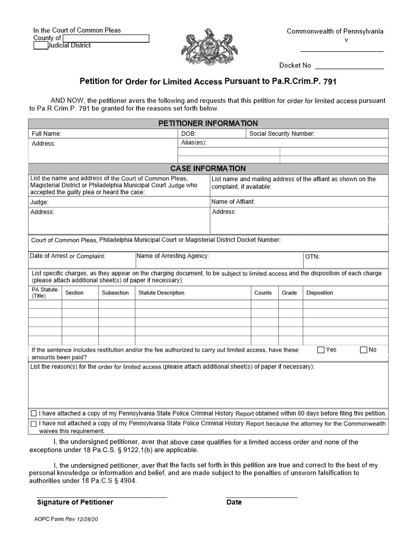Petition For Order For Limited Acess Pursuant To 791 | Pdf Fpdf Doc Docx | Pennsylvania