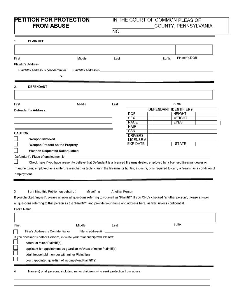 Petition For Protection From Abuse | Pdf Fpdf Docx | Pennsylvania