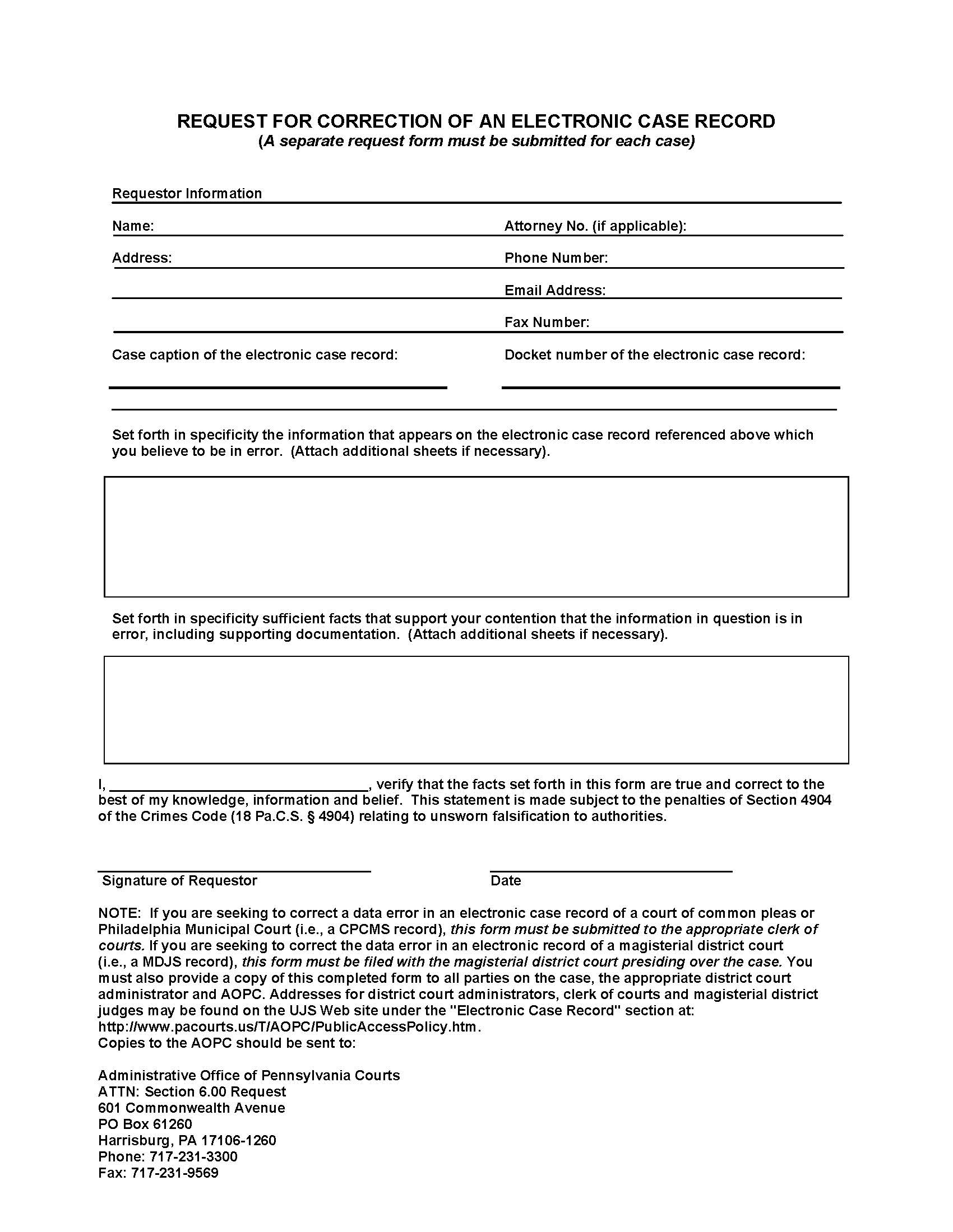 Request For Correction Of An Electronic Case Record | Pdf Fpdf Doc Docx | Pennsylvania