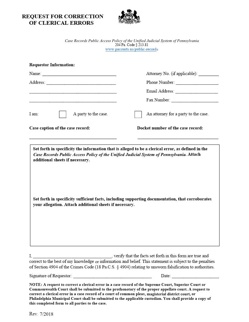 Request For Correction Of Clerical Errors | Pdf Fpdf Docx | Pennsylvania