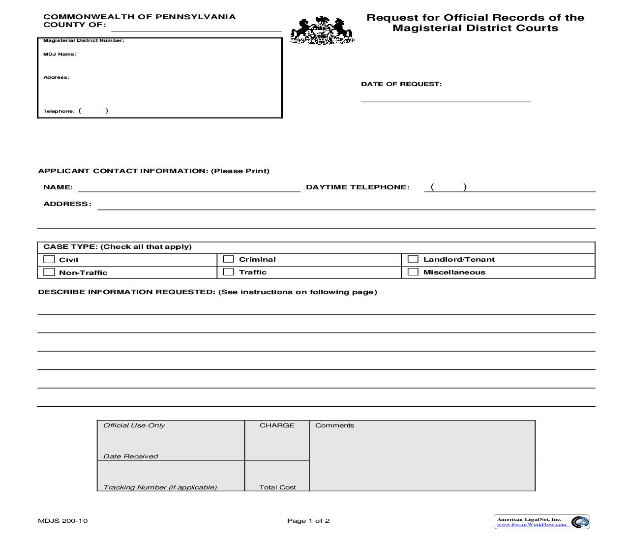 Request For Official Records Of The Magisterial District Courts {MDJS 200-10} | Pdf Fpdf Doc Docx | Pennsylvania