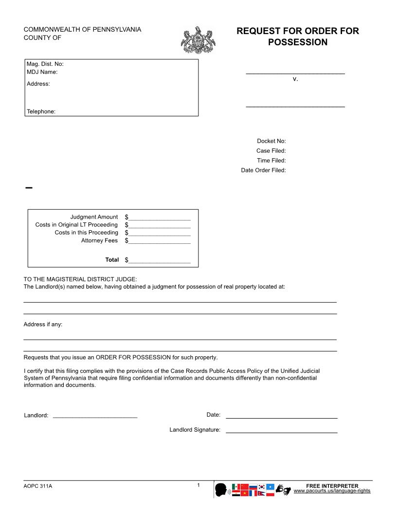 Request For Order For Possession {AOPC 311A} | Pdf Fpdf Docx | Pennsylvania