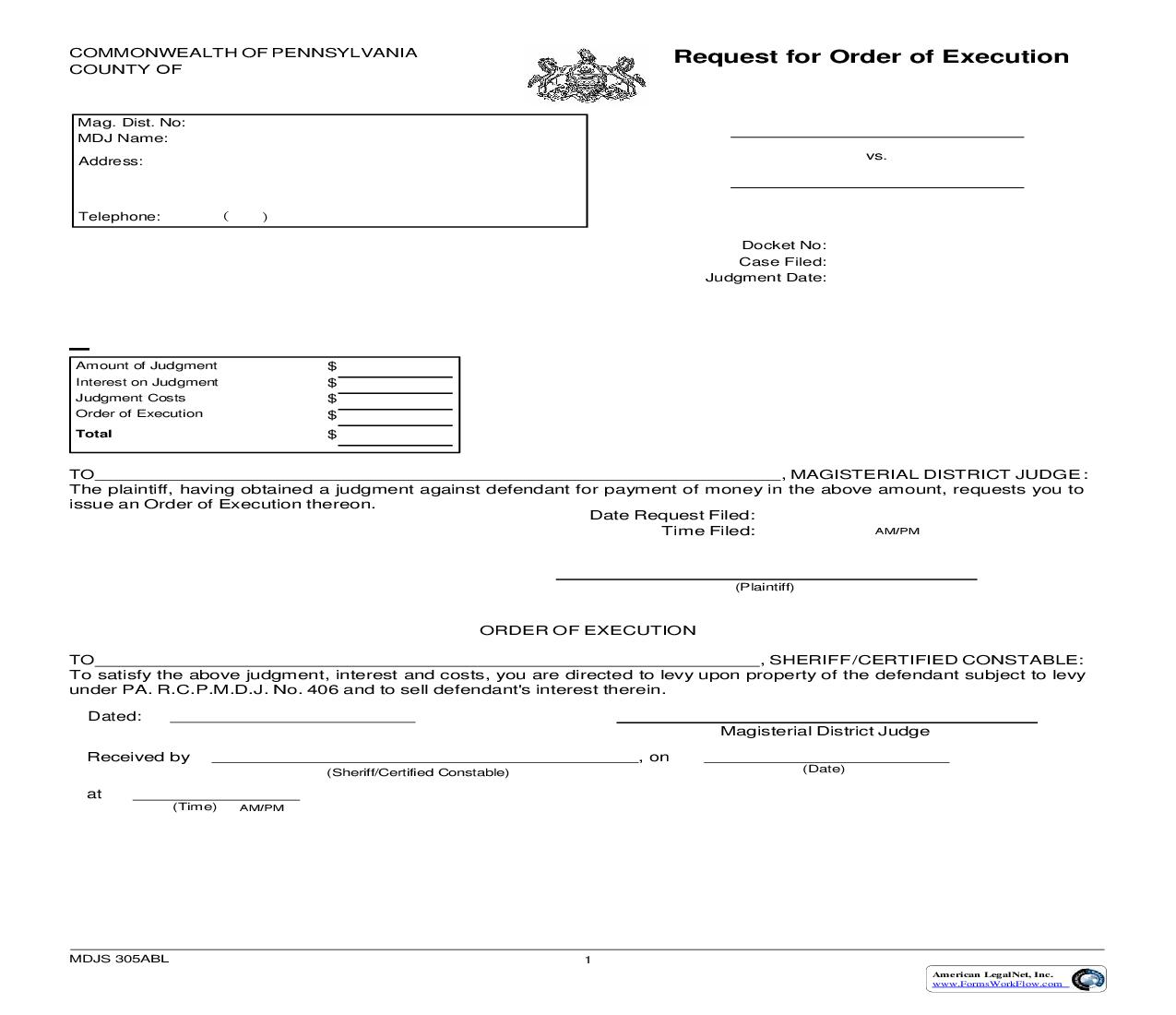 Request For Order Of Execution {MDJS 305ABL} | Pdf Fpdf Doc Docx | Pennsylvania