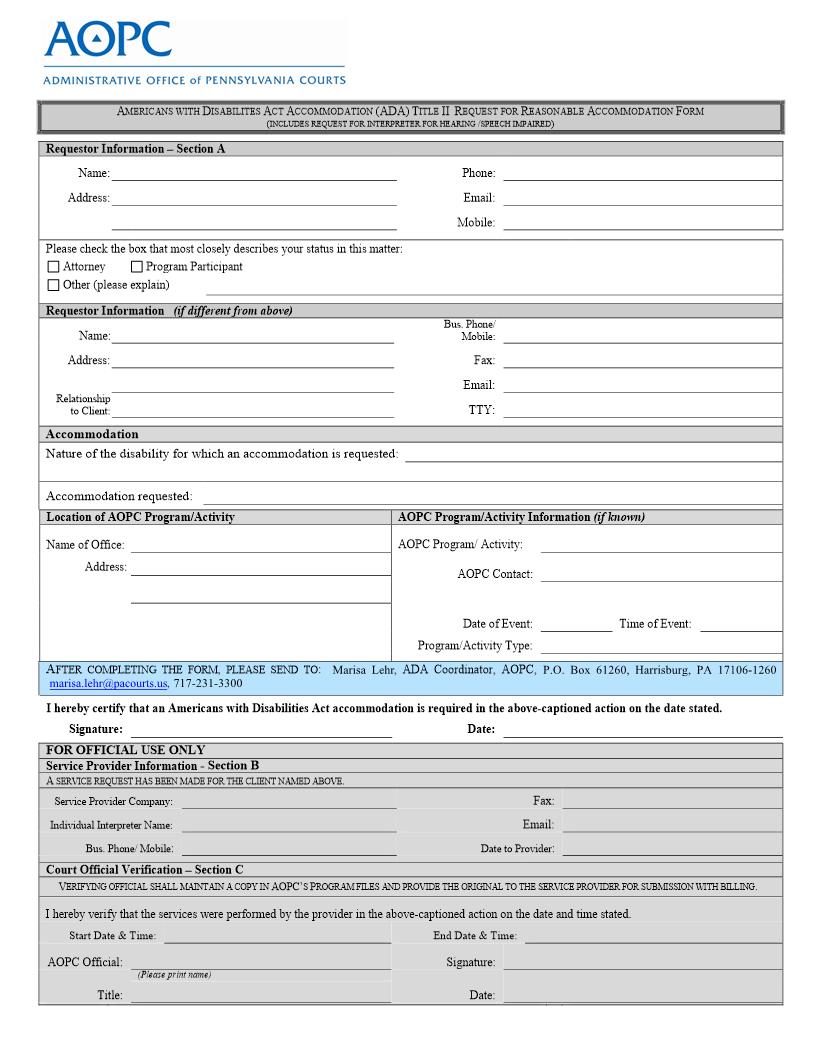 Request For Reasonable Accommodation (ADA) | Pdf Fpdf Doc Docx | Pennsylvania
