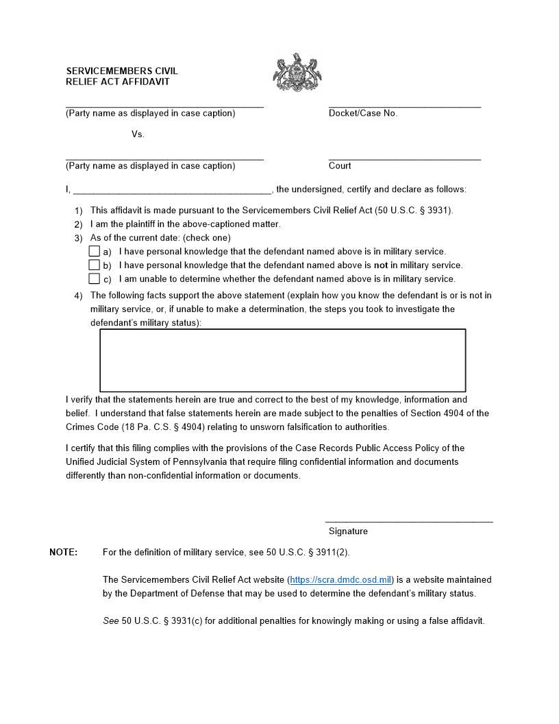 Servicemembers Civil Relief Act Affidavit | Pdf Fpdf Docx | Pennsylvania