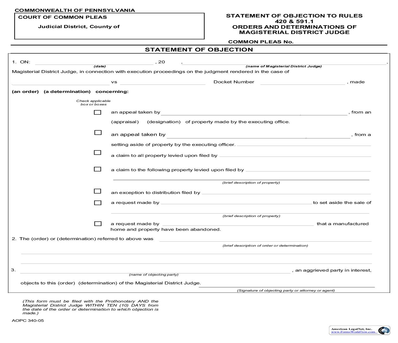 Statement Of Objection {AOPC 340} | Pdf Fpdf Doc Docx | Pennsylvania