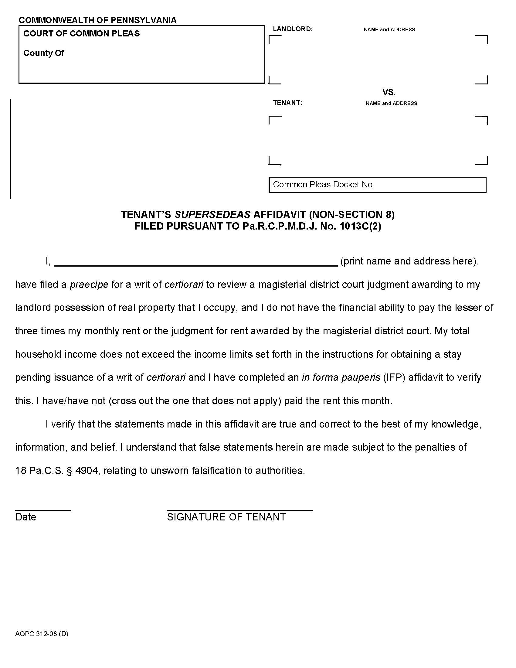 Tenants Supersedeas Affidavit (Non Section 8) Pursuant To 1013C(2) {AOPC 312-08 (D)} | Pdf Fpdf Docx | Pennsylvania