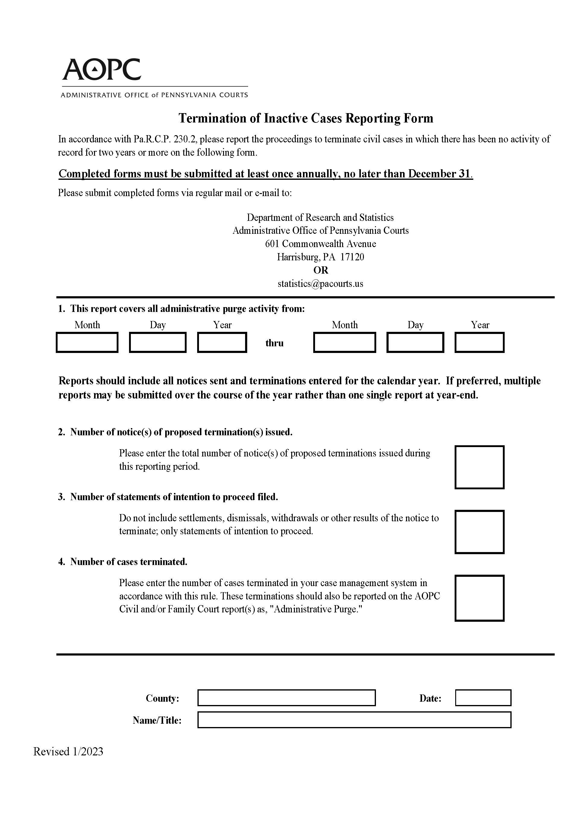 Termination Of Inactive Cases Reporting Form | Pdf Fpdf Docx | Pennsylvania