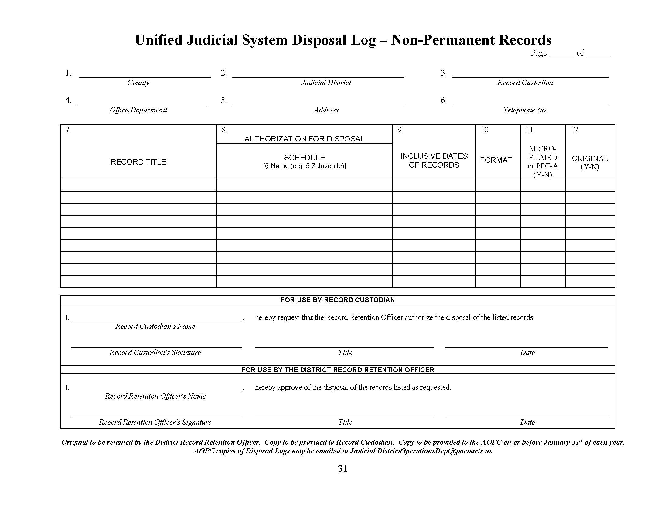 Unified Judicial System Disposal Log Non Permanent Records | Pdf Fpdf Doc Docx | Pennsylvania
