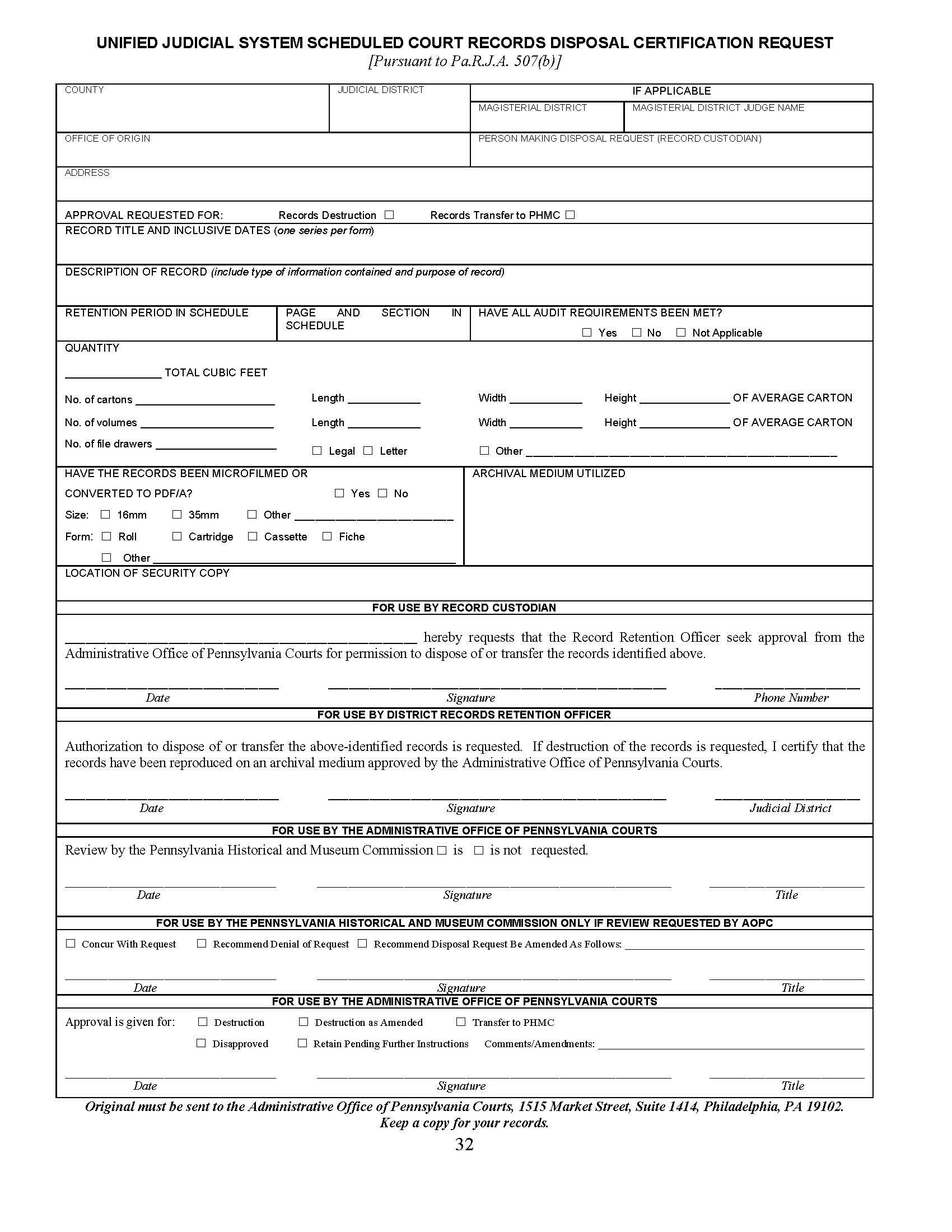 Unified Judicial System Schedules Court Records Disposal Certification Request | Pdf Fpdf Doc Docx | Pennsylvania