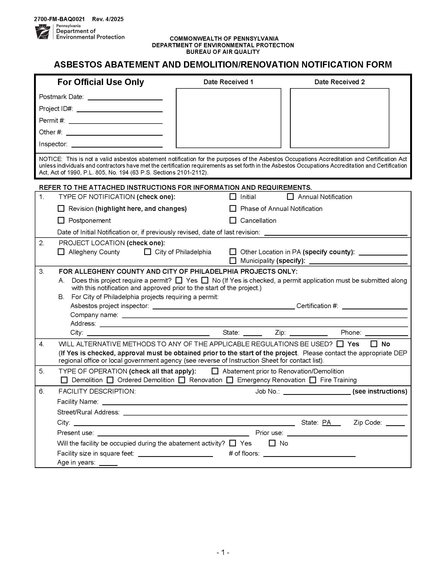 Asbestos Abatement And Demolition Renovation Notification | Pdf Fpdf Doc Docx | Pennsylvania