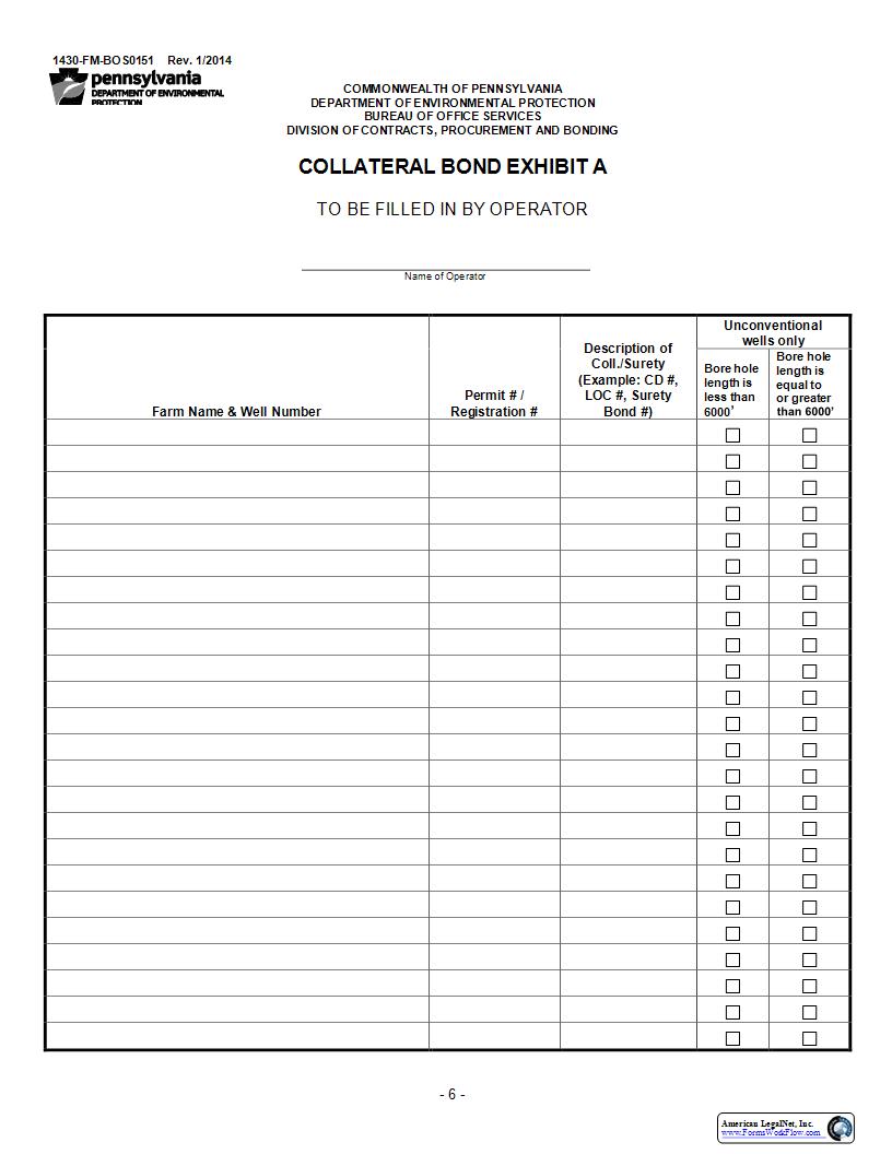 Collateral Bond Oil And Gas Wells Exhibit A {1430-FM-BOS0151} | Pdf Fpdf Docx | Pennsylvania