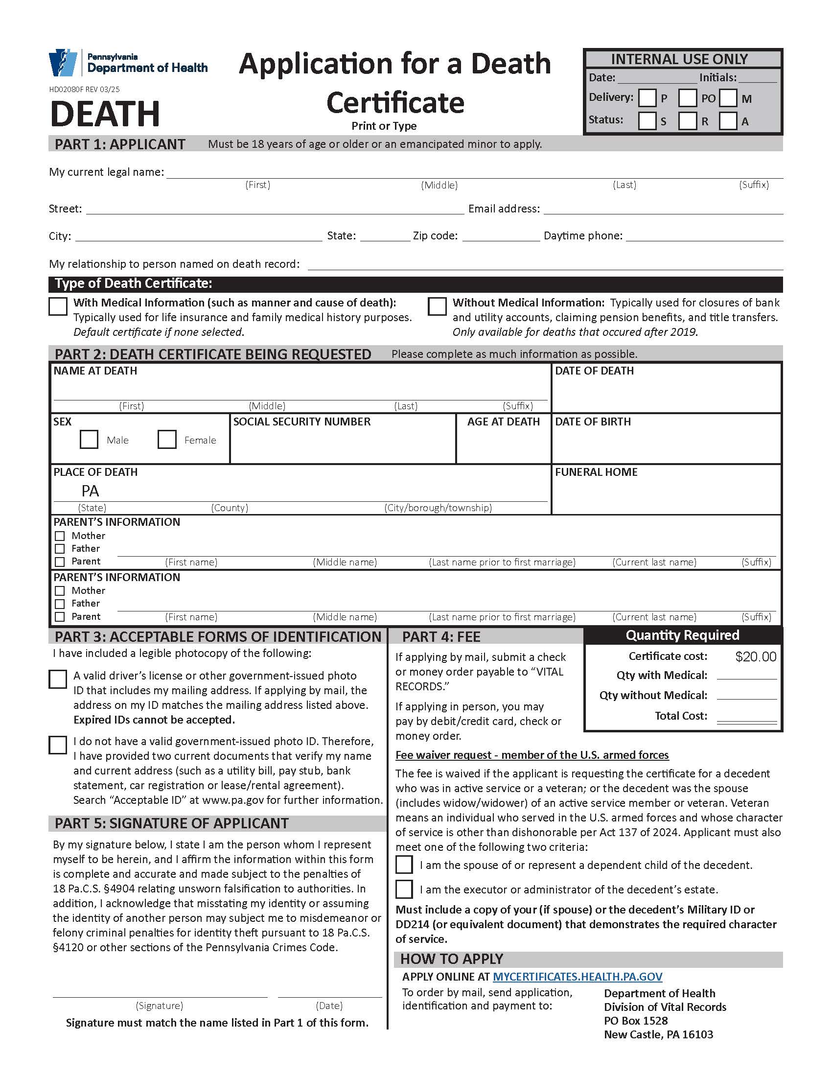 Application For A Death Certificate | Pdf Fpdf Docx | Pennsylvania