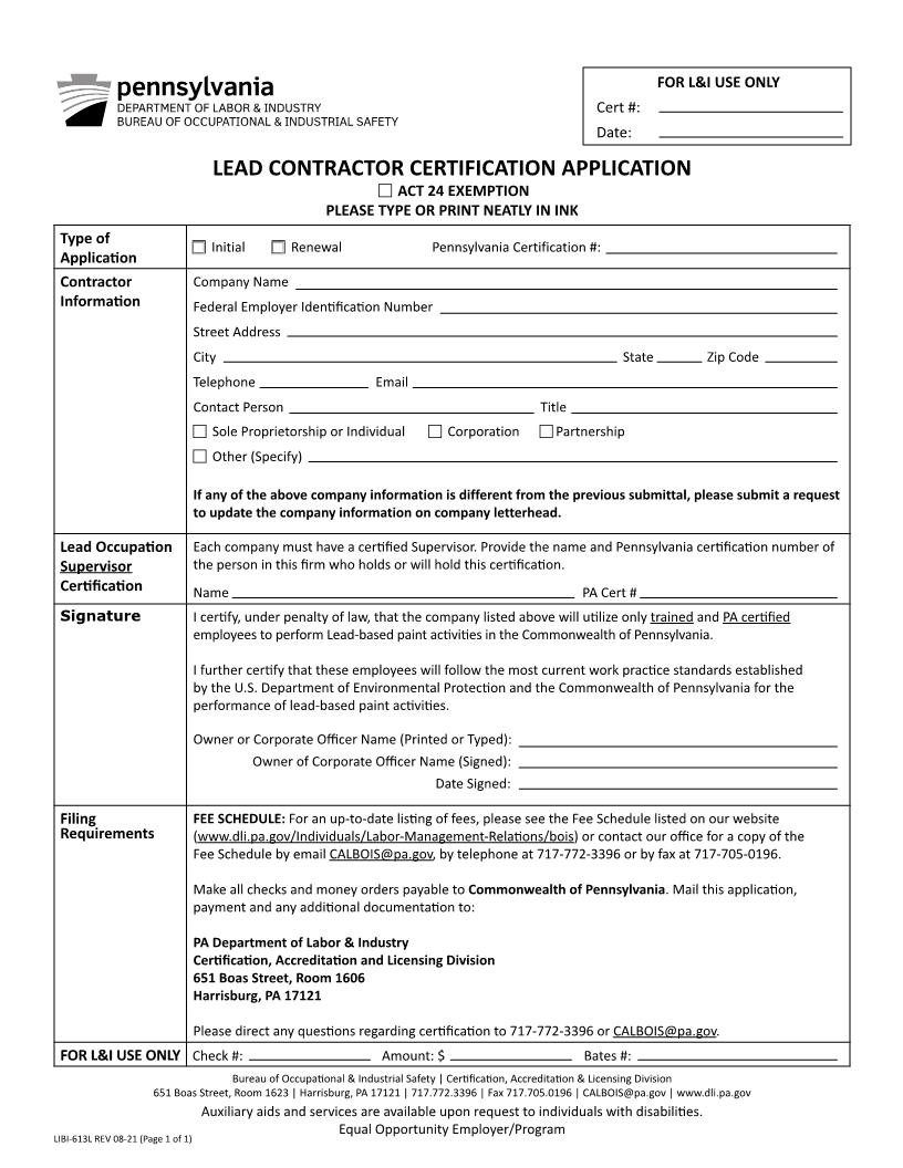 Application For Lead Contractor Certification {LIBI-613L} | Pdf Fpdf Docx | Pennsylvania