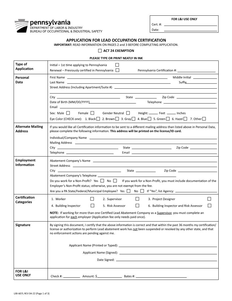 Application For Lead Occupation Certification {LIBI-607L} | Pdf Fpdf Docx | Pennsylvania