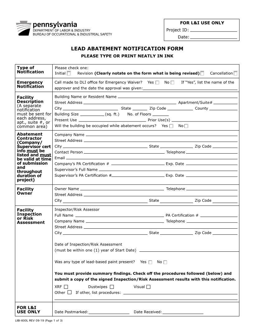 Lead Abatement Notification {LIBI-600L} | Pdf Fpdf Docx | Pennsylvania