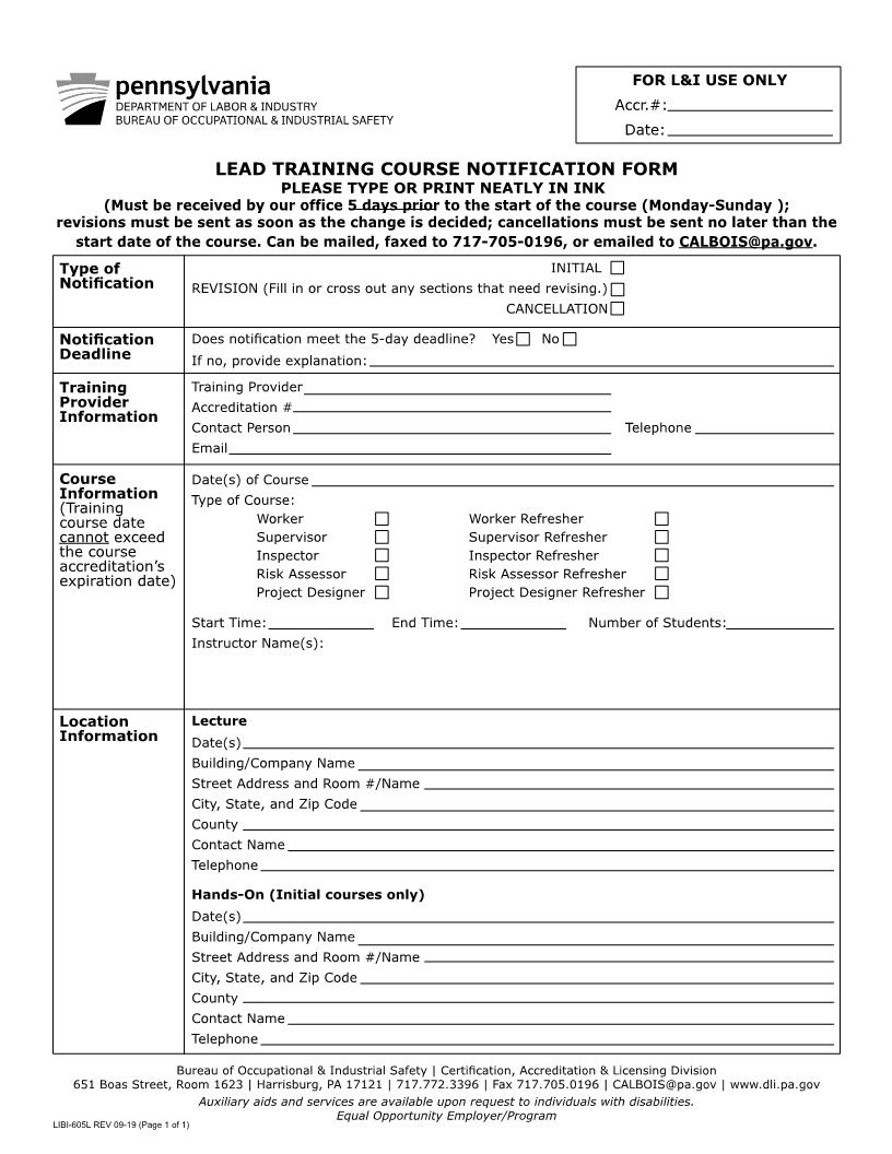 Lead Traiining Course Notification {LIB-605L} | Pdf Fpdf Docx | Pennsylvania