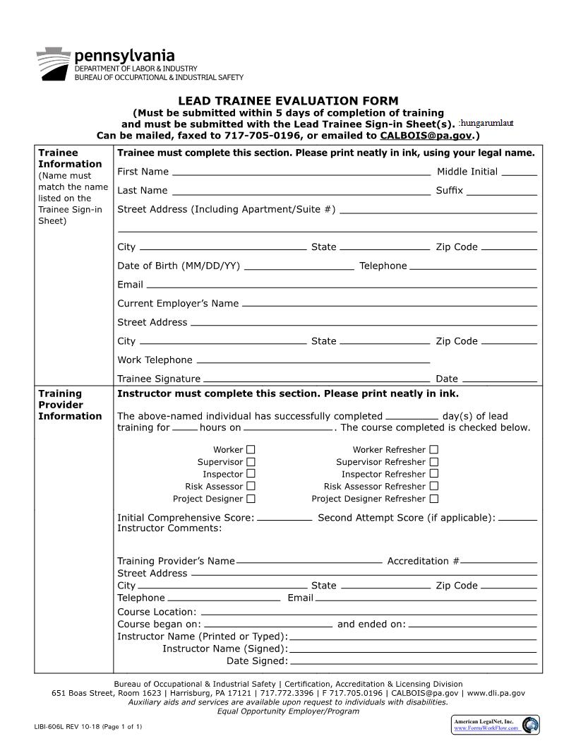 Lead Trainee Evaluation {LIBI-606L} | Pdf Fpdf Docx | Pennsylvania