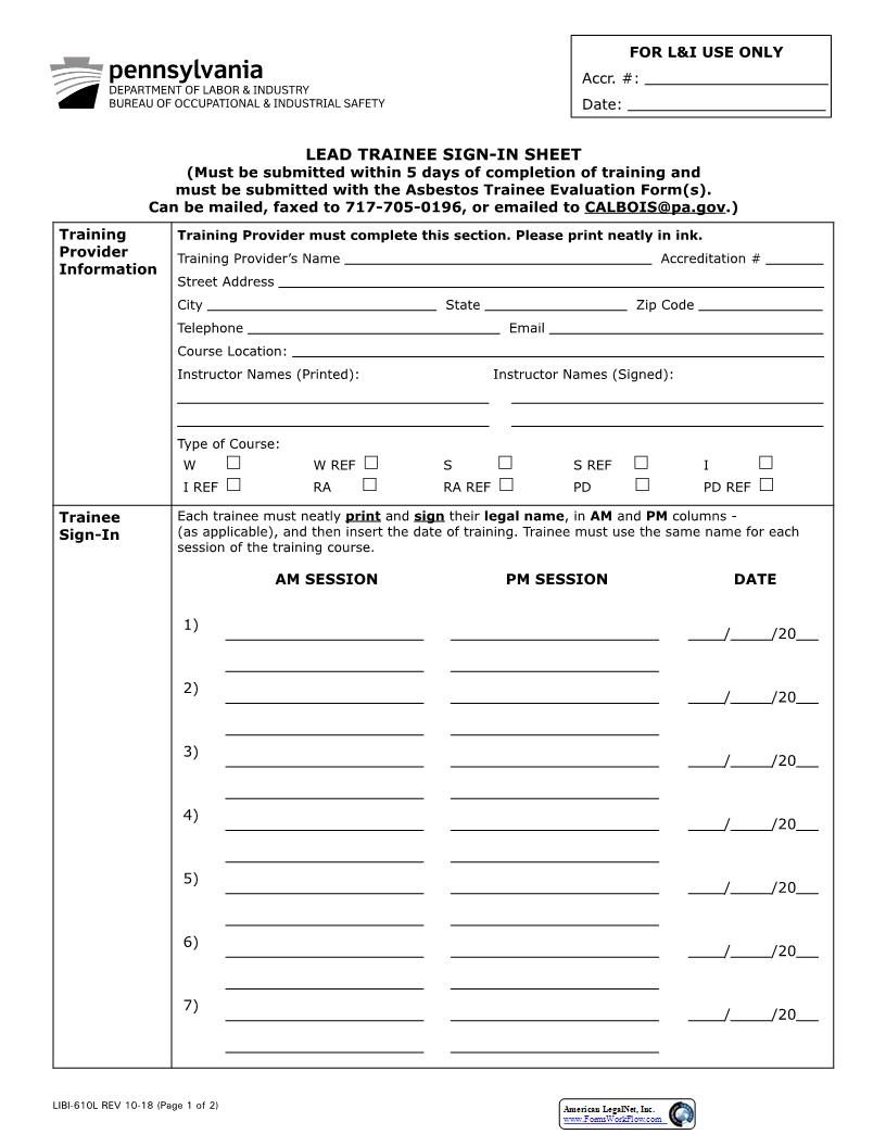 Lead Trainee Sign-In Sheet {LIBI-610L} | Pdf Fpdf Docx | Pennsylvania