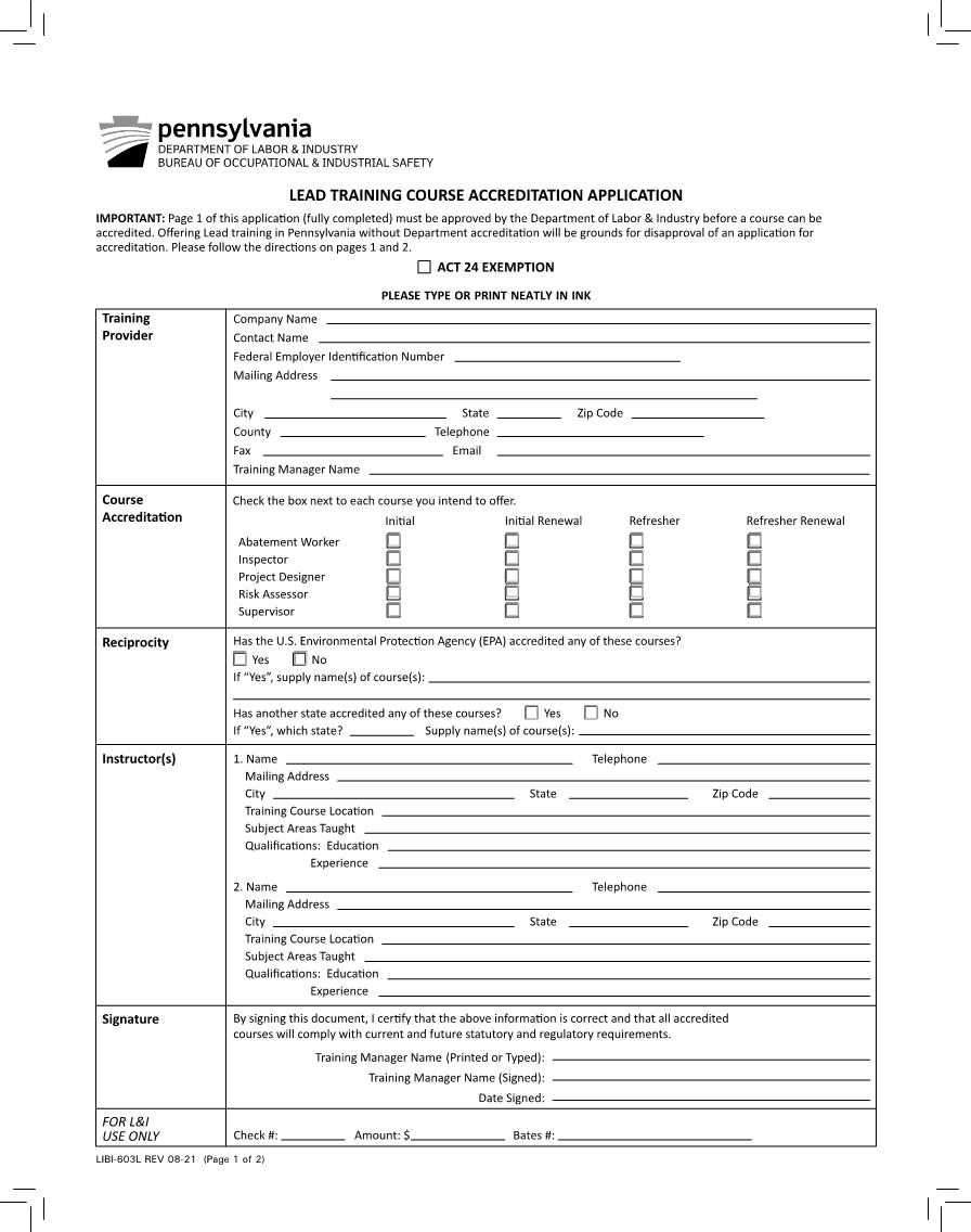Lead Training Course Accreditation Application {LIBI-603L} | Pdf Fpdf Docx | Pennsylvania