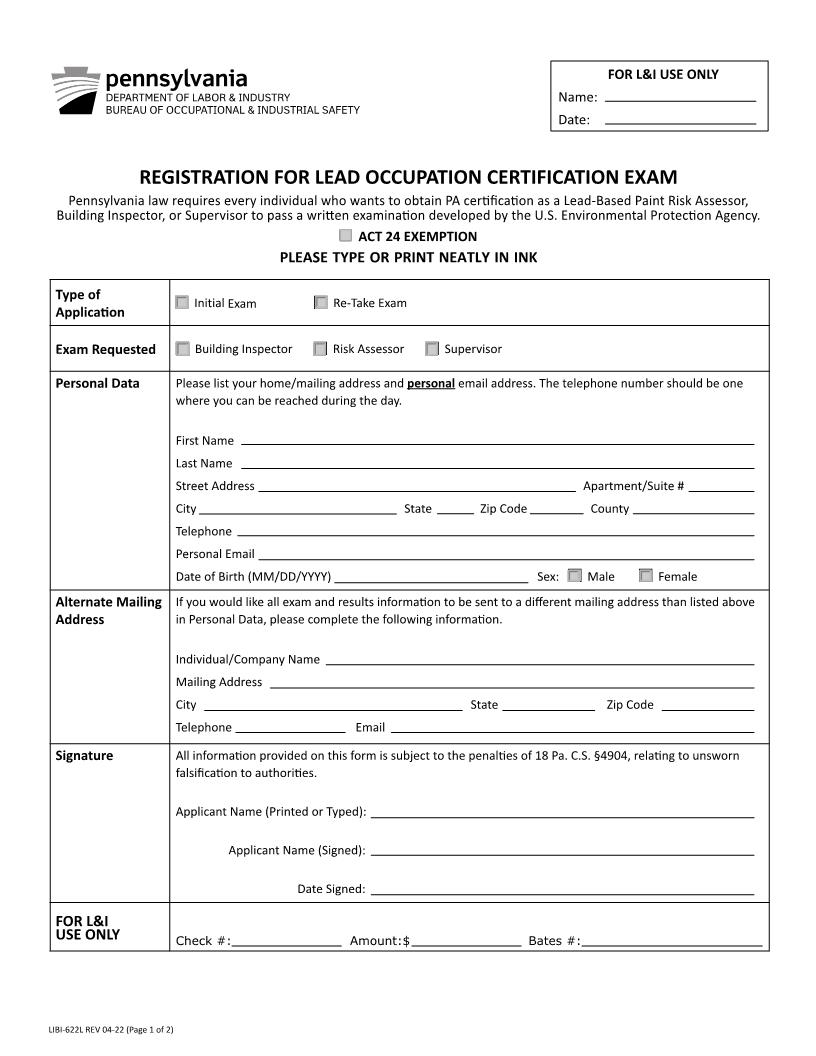Registration For Lead Occupation Certification Exam {LIBI-622L} | Pdf Fpdf Docx | Pennsylvania