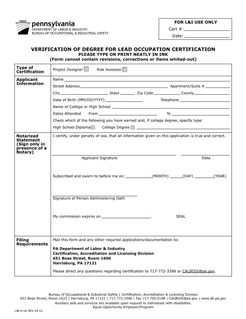 Verification Of Degree For Lead Occupation Certification {LIBI-614L} | Pdf Fpdf Docx | Pennsylvania