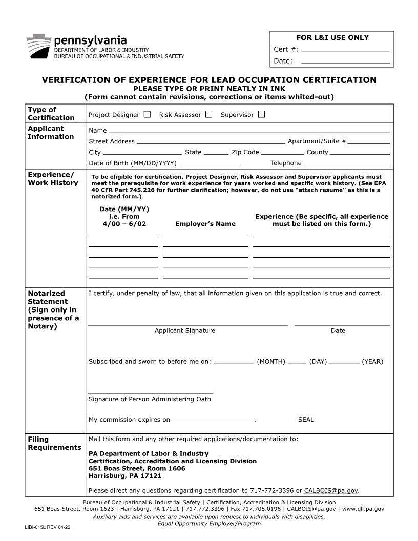 Verification Of Experience For Lead Occupation Certification {LIBI-615L} | Pdf Fpdf Docx | Pennsylvania