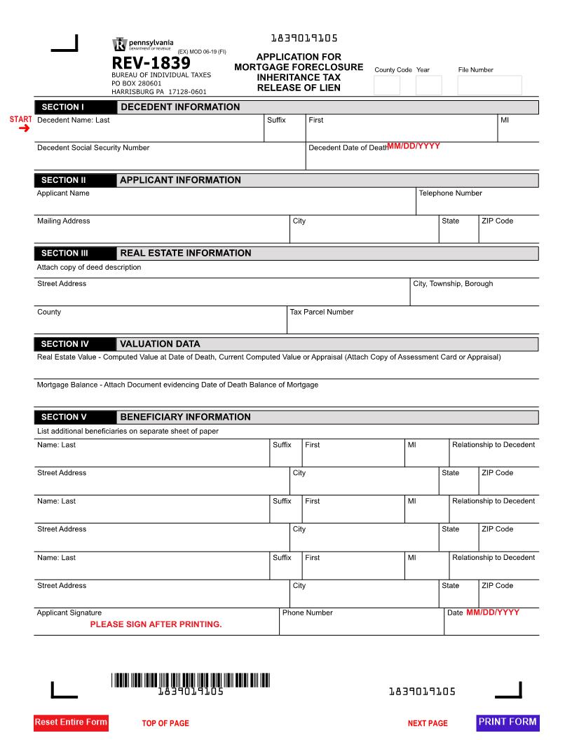 Application For Mortgage Foreclosure Inheritance Tax Release Of Lien {REV-1839} | Pdf Fpdf Docx | Pennsylvania