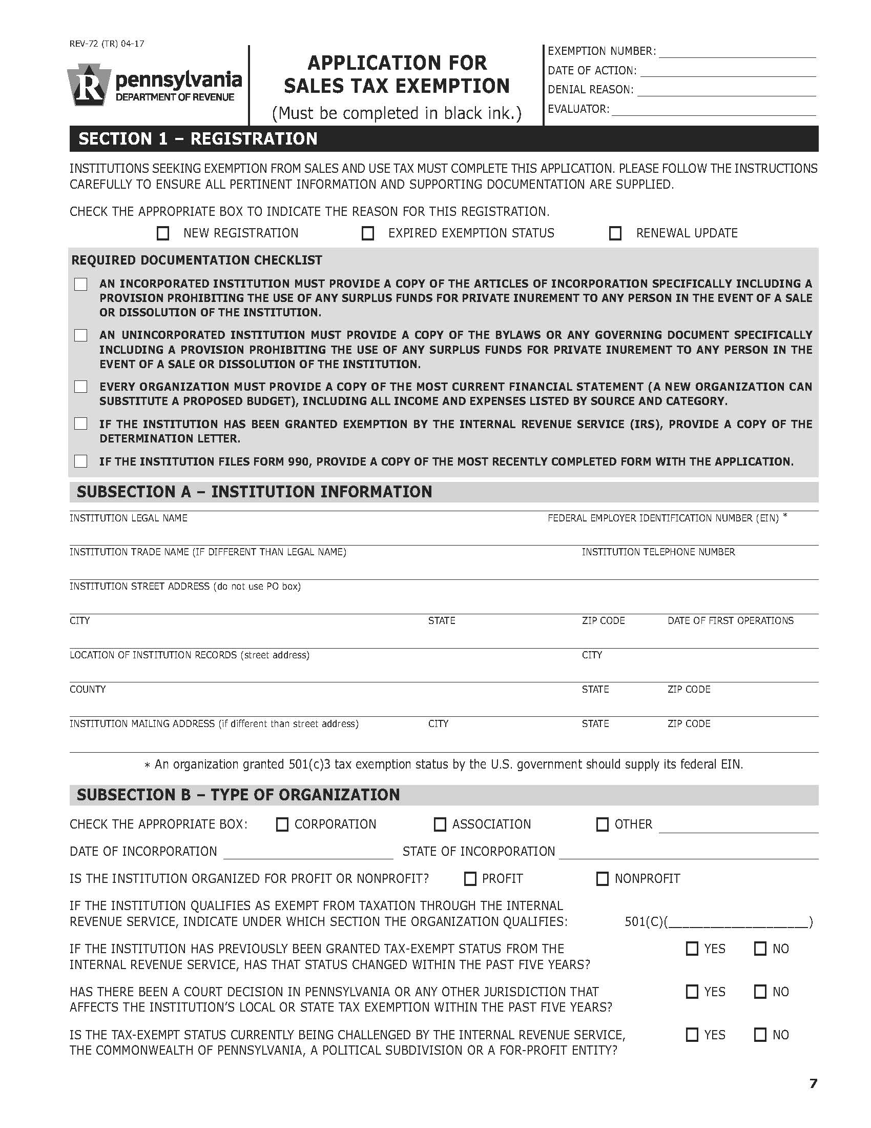 Application For Sales Tax Exemption {REV-72} | Pdf Fpdf Doc Docx | Pennsylvania