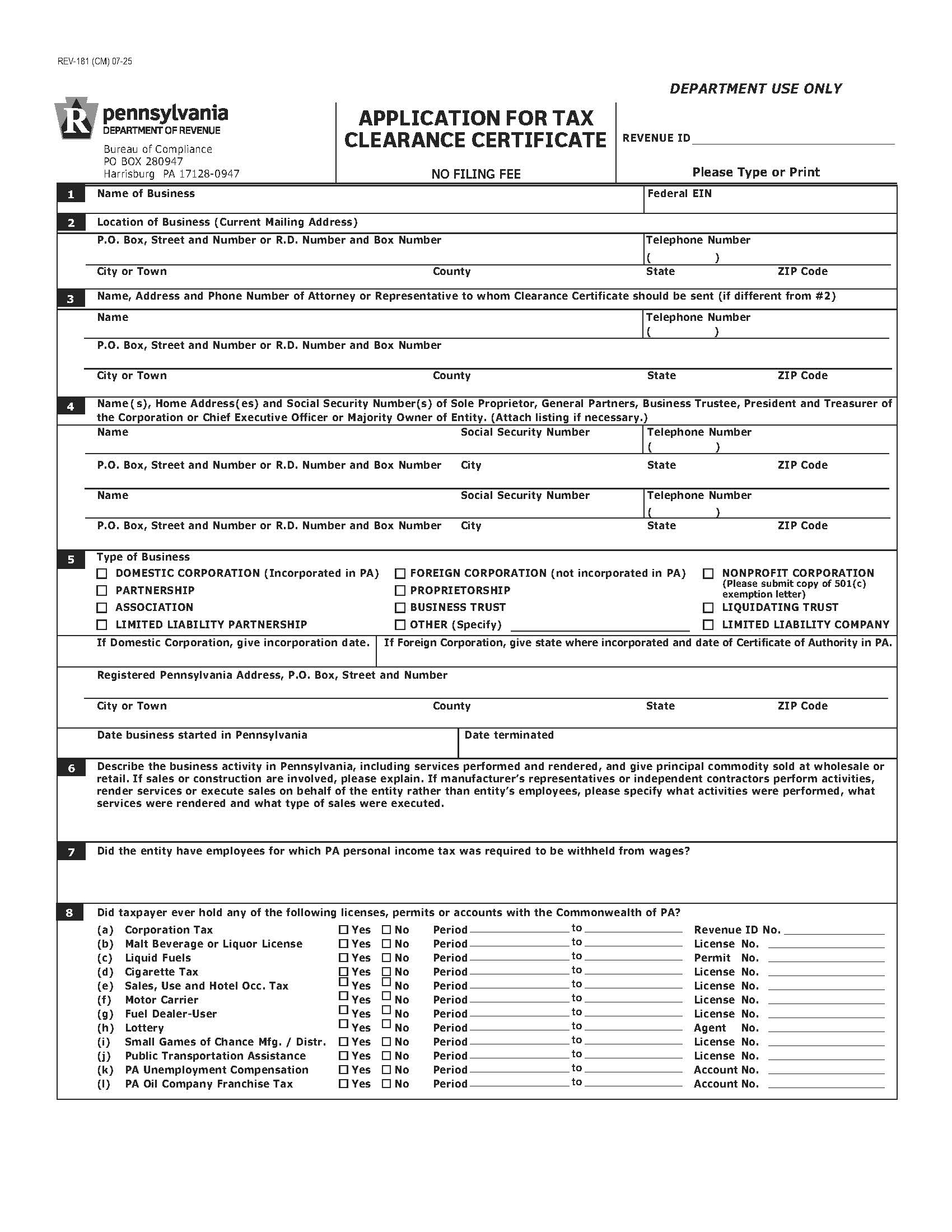 Application For Tax Clearance Certificate {REV-181} | Pdf Fpdf Doc Docx | Pennsylvania