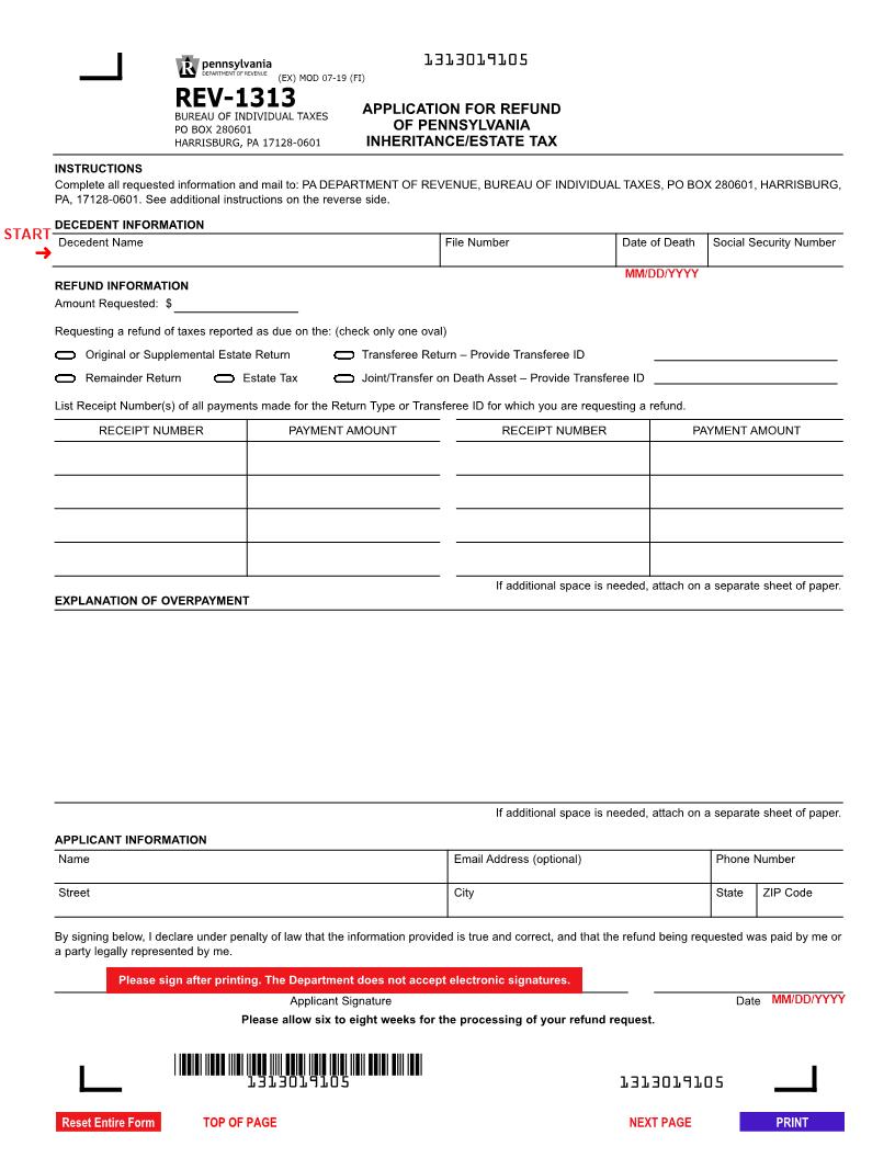 Appliction For Refund Of Inheritance Or Estate Tax {REV-1313} | Pdf Fpdf Docx | Pennsylvania