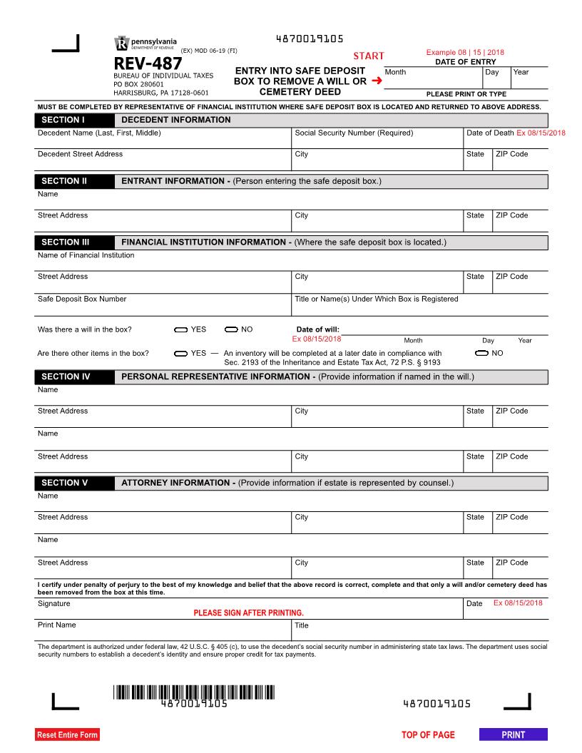 Entry Into Safe Deposit Box To Remove A Will Or Cemetery Deed {REV-487} | Pdf Fpdf Docx | Pennsylvania