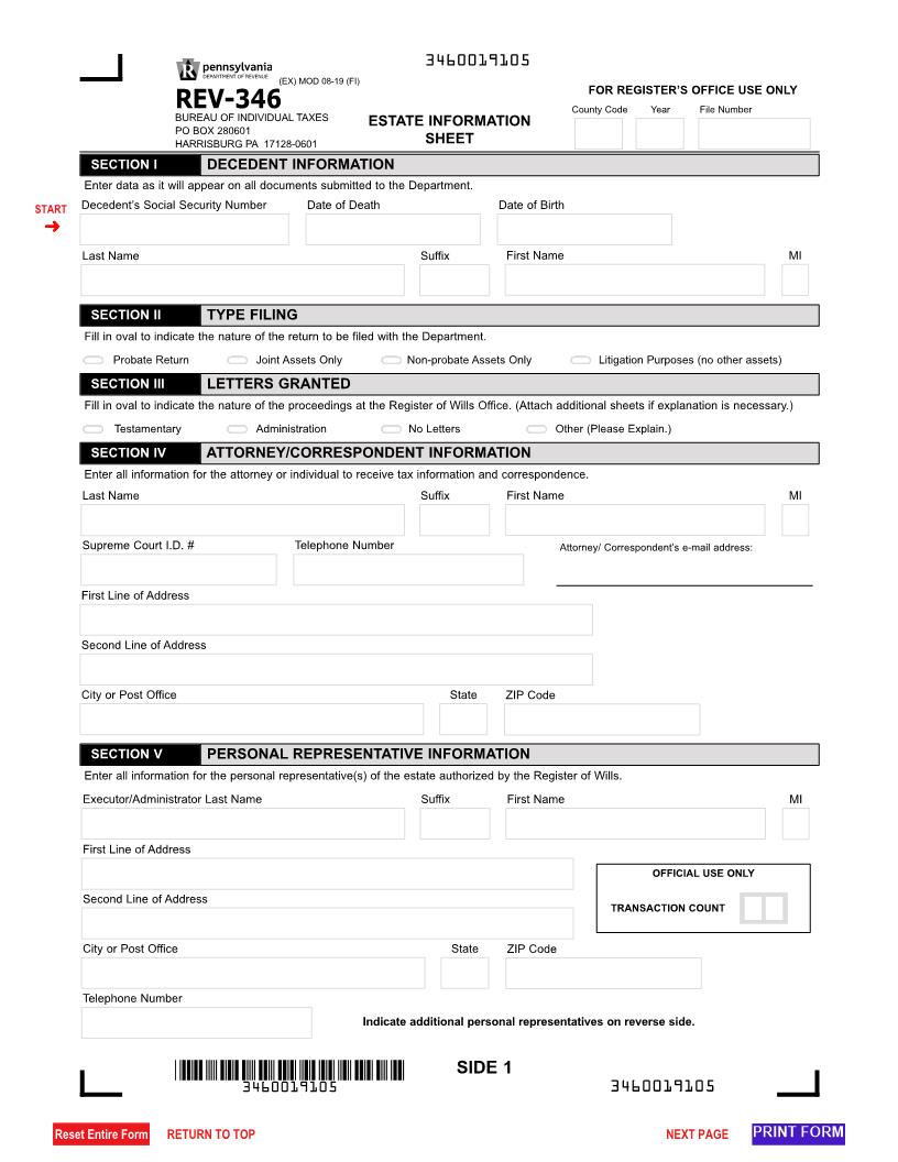 Estate Information Sheet {REV-346} | Pdf Fpdf Doc Docx | Pennsylvania