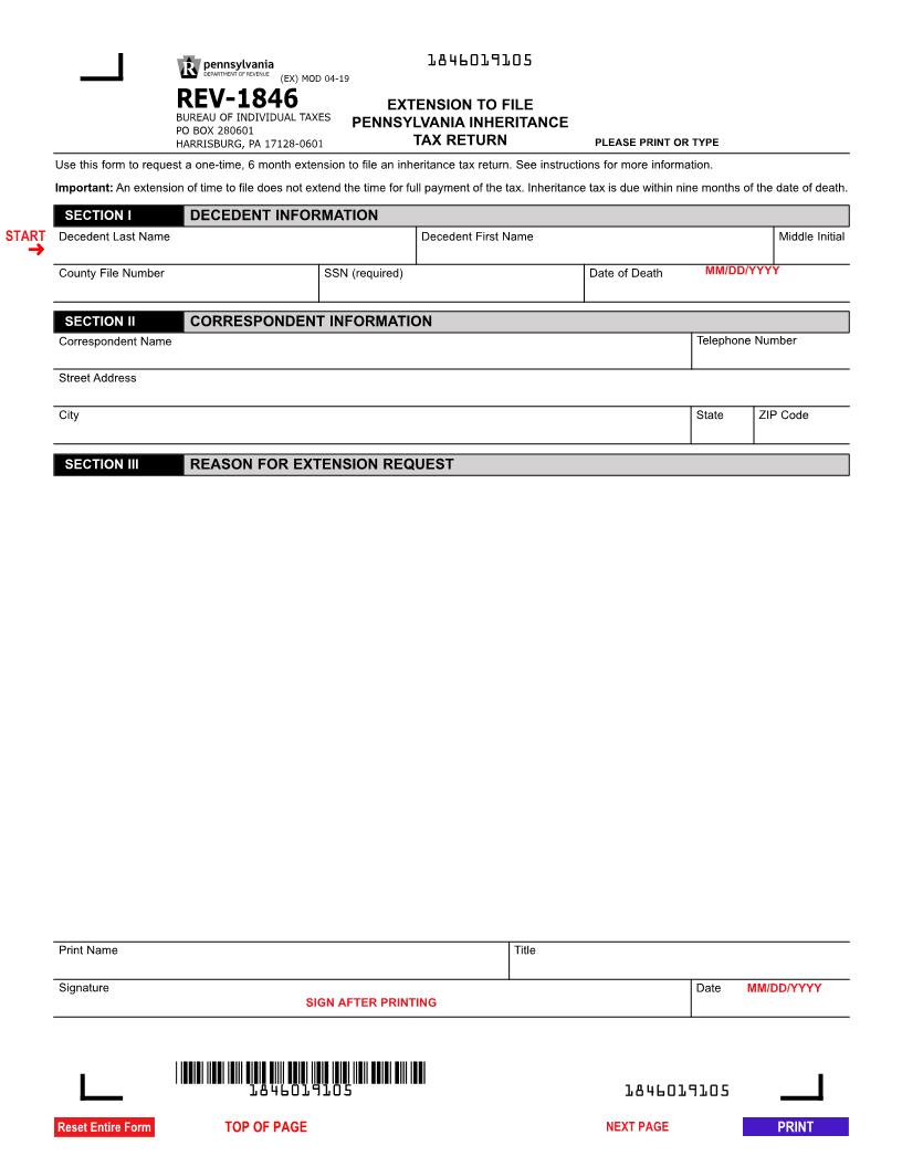 Extension To File Inheritance Tax Return {REV-1846} | Pdf Fpdf Docx | Pennsylvania