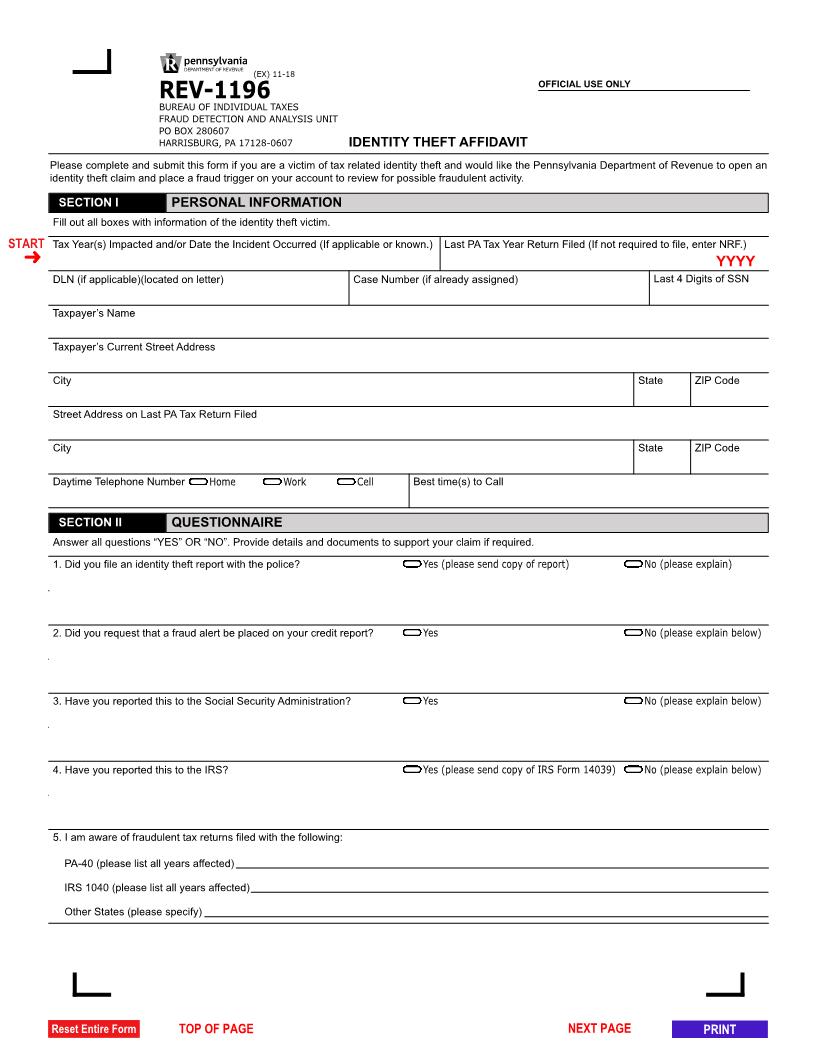 Identity Theft Affidavit {REV-1196} | Pdf Fpdf Docx | Pennsylvania