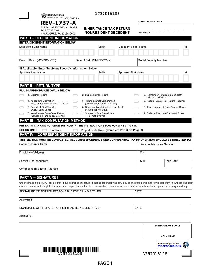 Inheritance Tax Return Nonresident Decedent {REV-1737-A} | Pdf Fpdf Docx | Pennsylvania